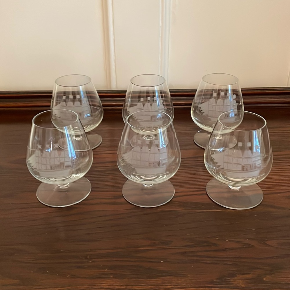 Vintage Etched Clear Brandy Glasses with Frosted Clipper Ship Design